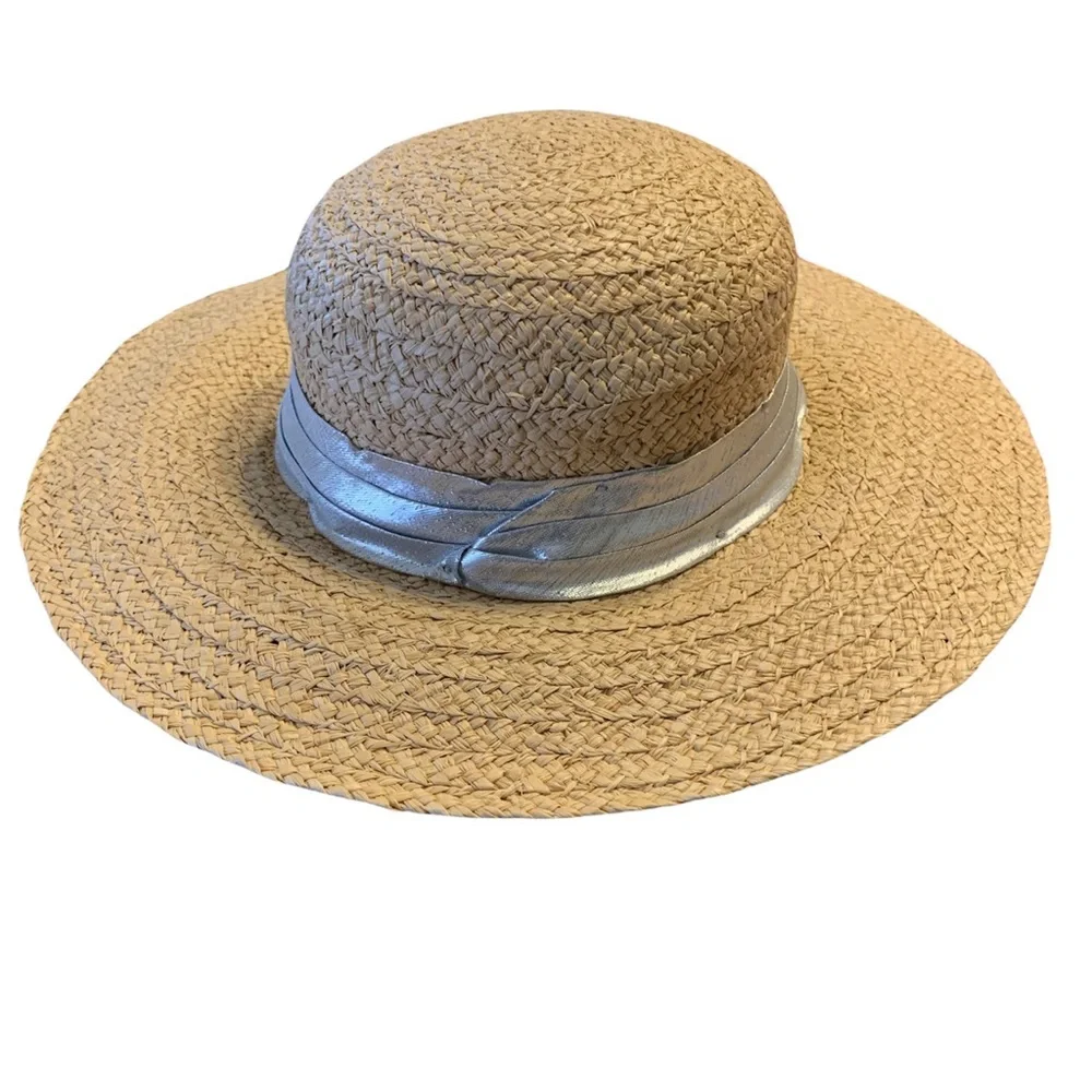 Janie and Jack Straw Sun Hat with Silver Ribbon Detail